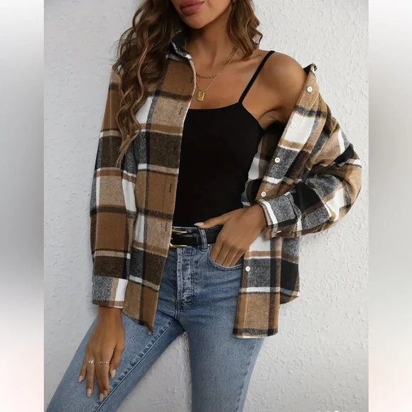 Plaid Button-Up Shirt in Brown and Black - Picture 3 of 5